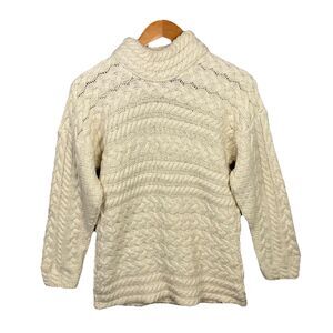 Carraig Donn Women’s L Ivory Cableknit Fisherman Turtleneck Wool Sweater Preppy